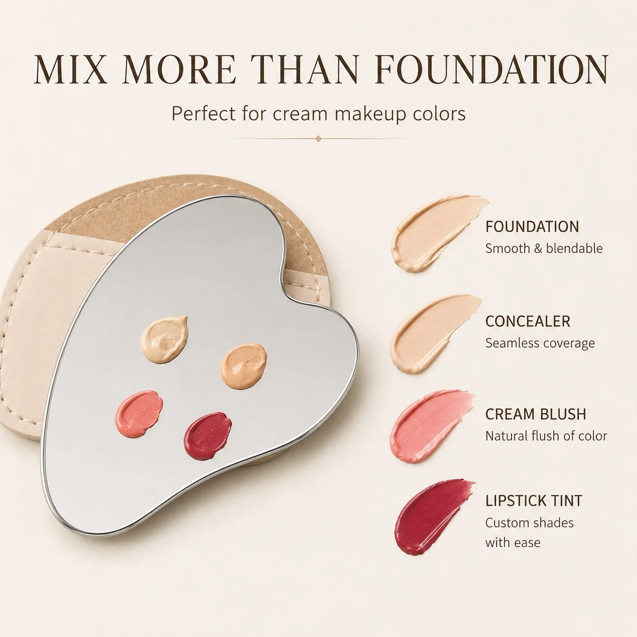 Beauty For You Makeup - Herzförmige Edelstahl-Make-up-Mischpalette mit Lederhülle, Foundation-Concealer-Mischwerkzeug für